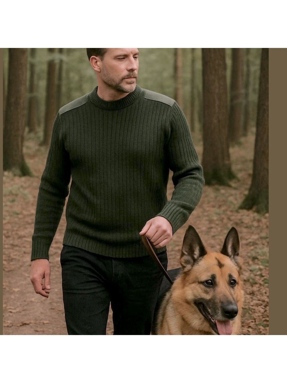 70s COMMANDO WOOL OLIVE GREEN SWEATER SHOULDER & ELBOW PATCHES ECLECTIC GRANDPA